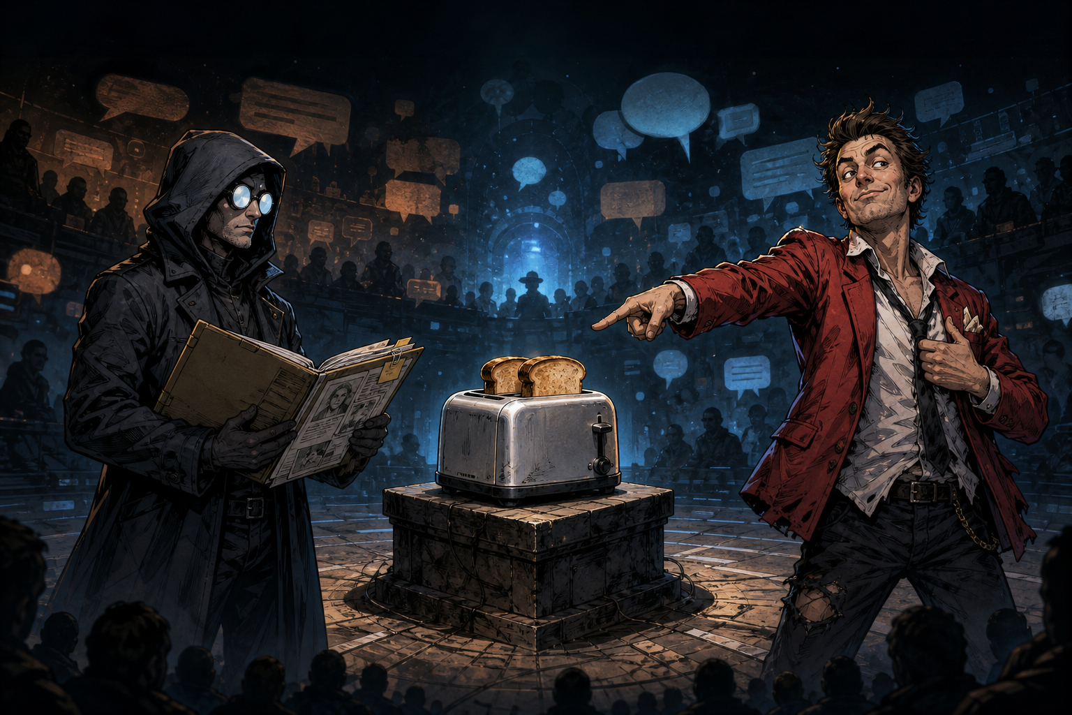 An anonymous hooded agent faces a furious internet pundit and an ordinary toaster.