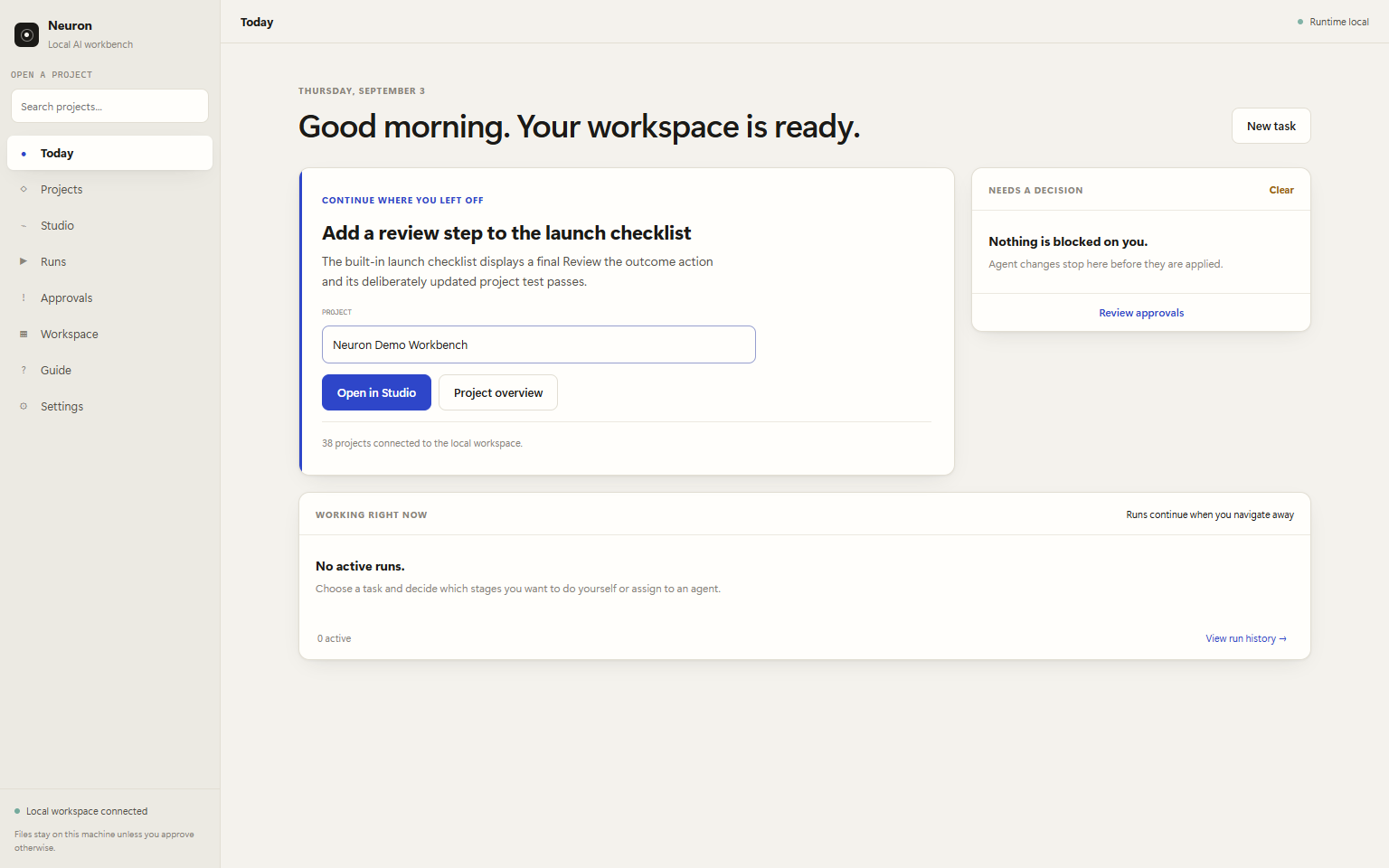 Neuron's warm paper and cobalt workbench showing a demonstration project, a task to continue, decisions, and activity.