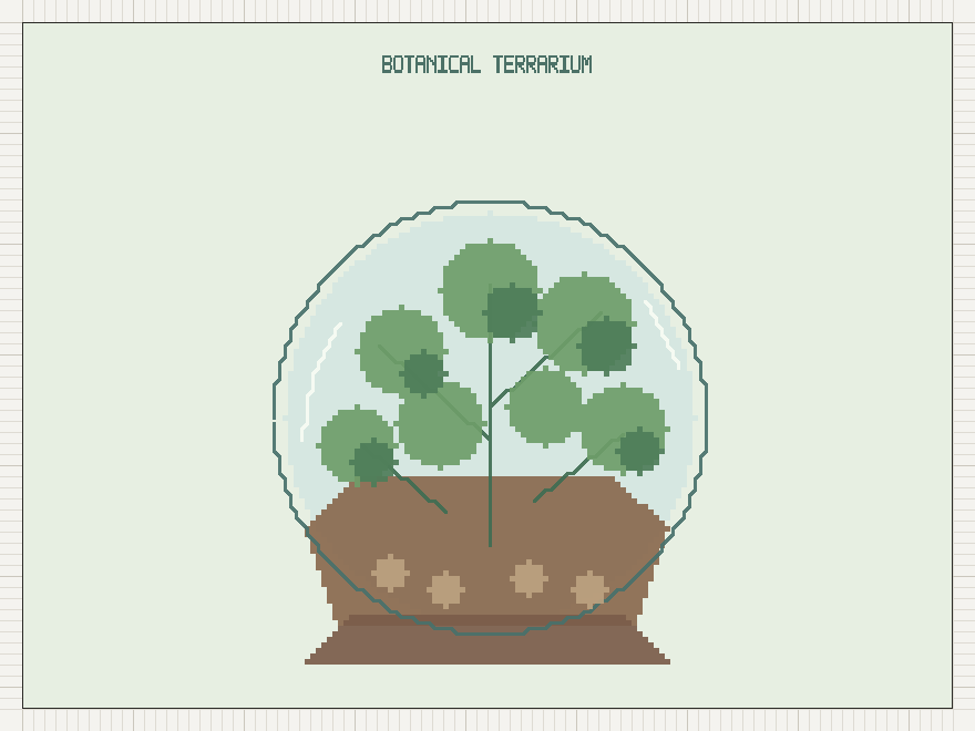 A pixel-drawn terrarium created with TurtlePen, Chuck's open-source geometry and drawing engine.