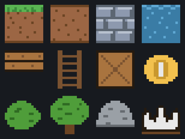 A twelve-tile pixel-art sheet drawn with TurtlePen: terrain, water, wood, a coin, trees, rock, and a crown.